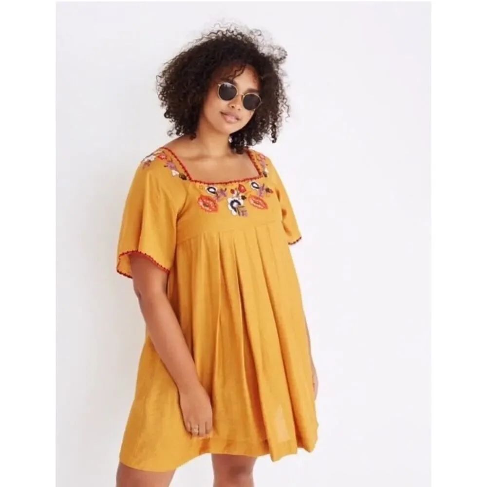 Madewell Bronzed Leaf Embroidered Square Neck Mini Dress XXL Boho Babydoll